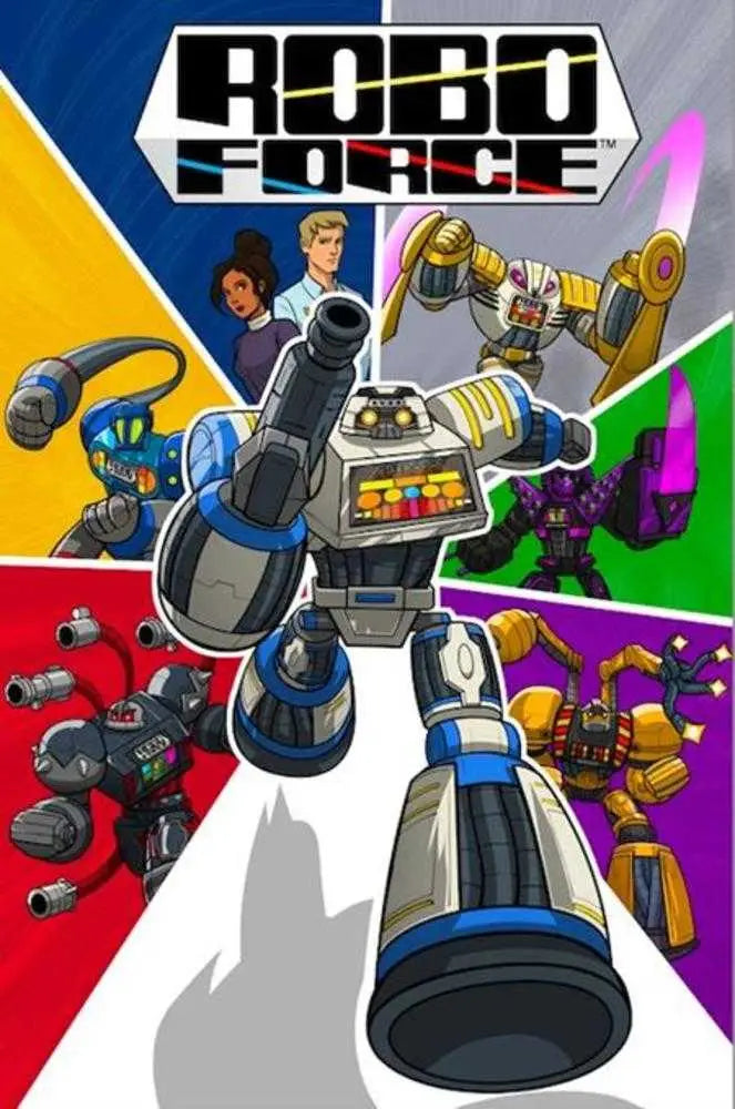 Cartoon robot in heroic pose among robotic characters on Roboforce #1 Cover B variant