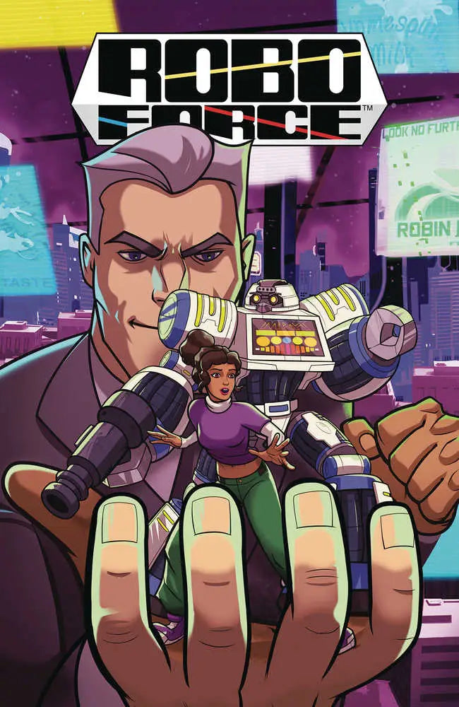 Comic book cover art for Robo Force with action characters in cyberpunk style