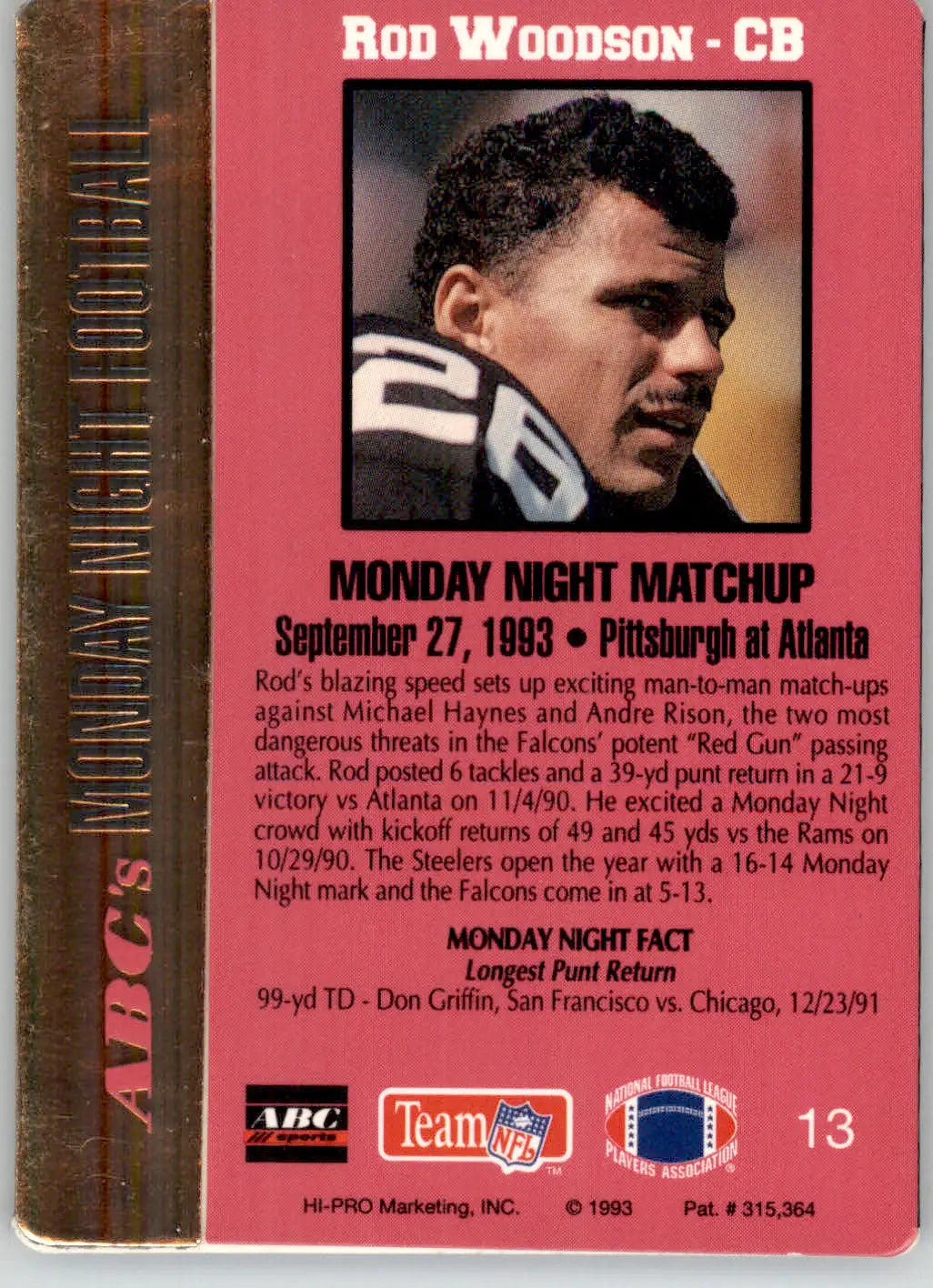 Rod Woodson - 1993 Action Packed Monday Night Football - #13 - Football - Football Card Single