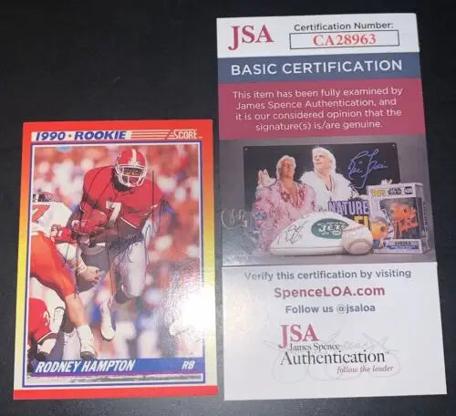 Signed Rodney Hampton Rookie Card for New York Giants with JSA certification