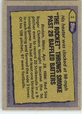 Roger Clemens - 1987 Topps - #1 - Baseball - Baseball Card Single