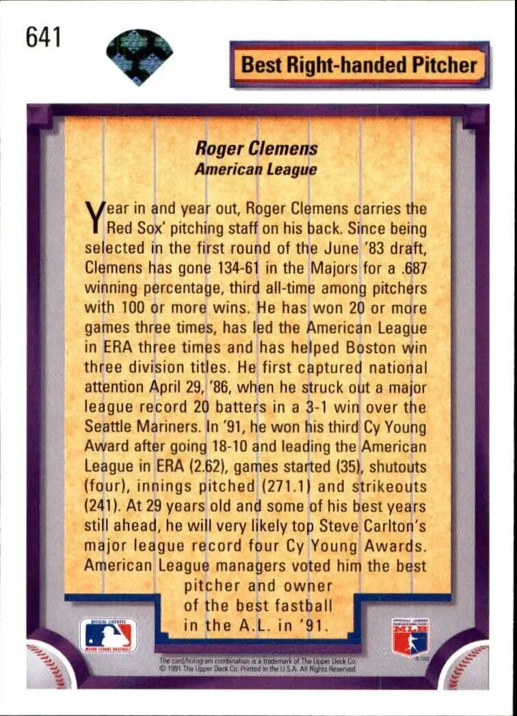 Roger Clemens 1992 Upper Deck MLB #641 DS Baseball Card Boston Red Sox