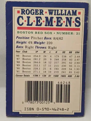 Roger Clemens baseball card back from Roger Clemens Scholastic Sports Shots Collector’s Book