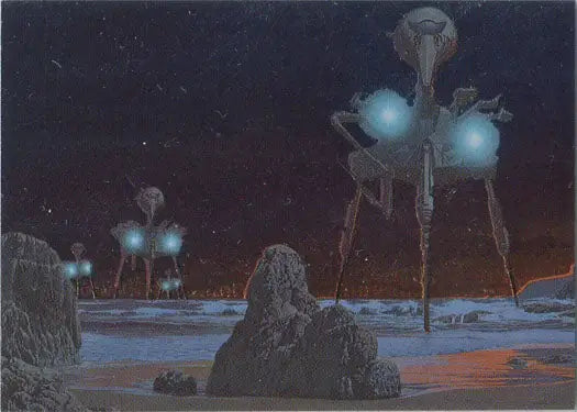 Alien tripod machines with glowing blue orbs on rocky landscape from Metallic Storm Chase