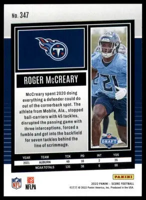 Roger McCreary Rookie 2022 Score #347 Tennessee Titans - Football Card Single