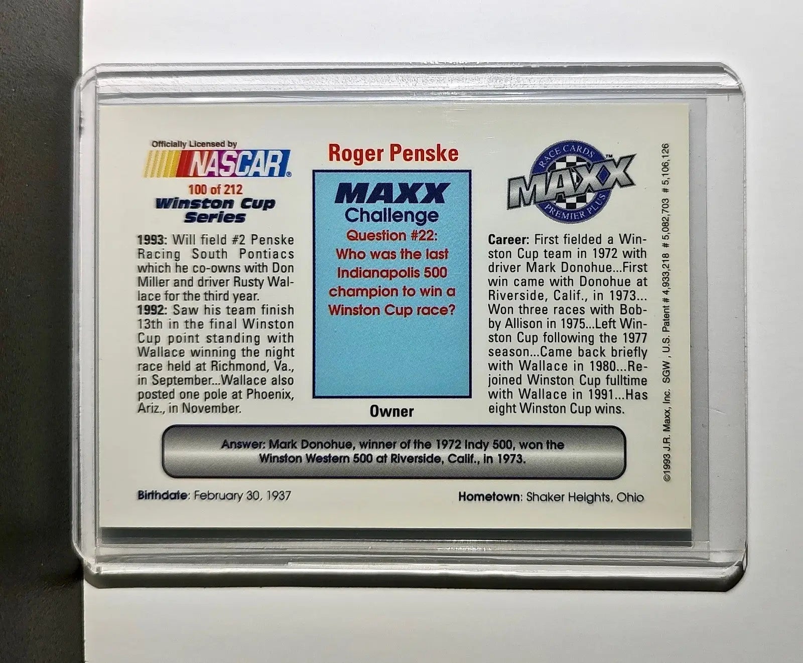 Roger Penske 1993 Maxx Premier Plus Racing #100 NASCAR Card Penske Racing South - Racing Card Single
