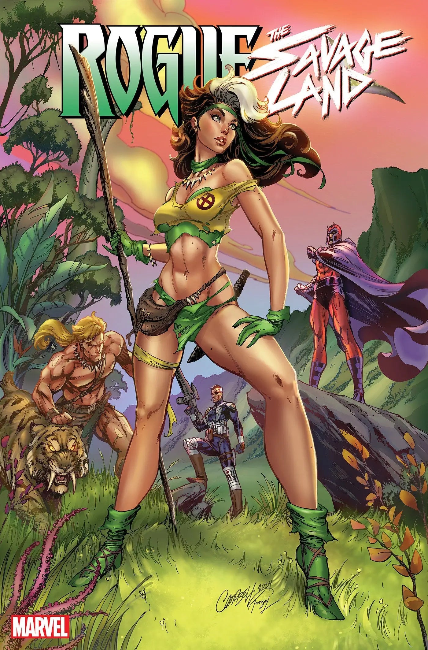 Comic book cover of Rogue The Savage Land #1 by Scott Campbell featuring Lost World setting