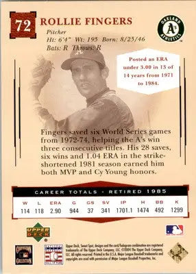 Rollie Fingers - 2004 Upper Deck Sweet Spot Classic - #72 - Baseball - Baseball Card Single