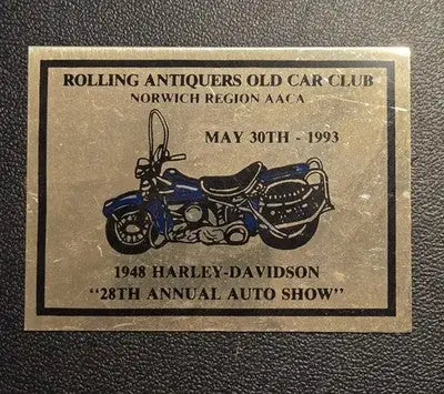 Rolling Antiques Old Car Club Brass Plaque May 30 1993 1948 Harley Davidson - Sports Memorabilia