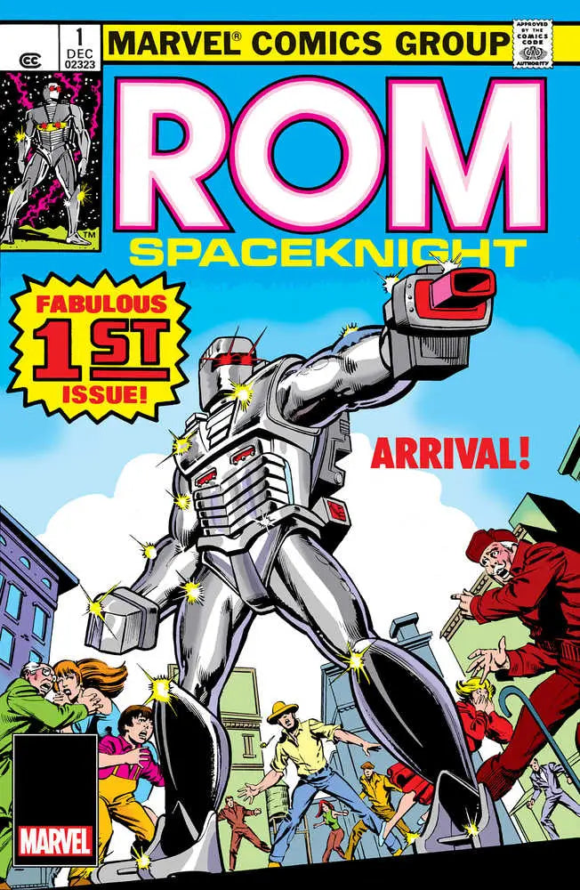 Silver robotic warrior ROM in heroic pose on Rom #1 Facsimile Edition Foil Variant cover