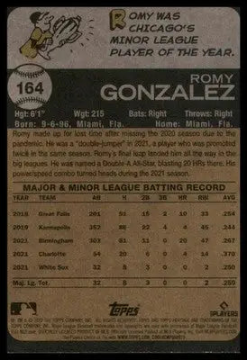Romy Gonzalez Rookie 2022 Topps Heritage #164 Chicago White Sox - Baseball Card Single