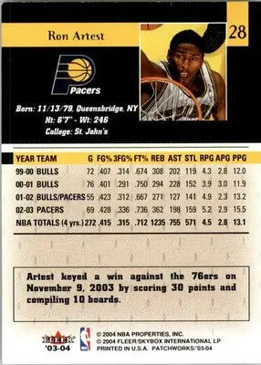 Ron Artest - 2003-04 Fleer Patchworks - #28 - Basketball - Basketball Card Single