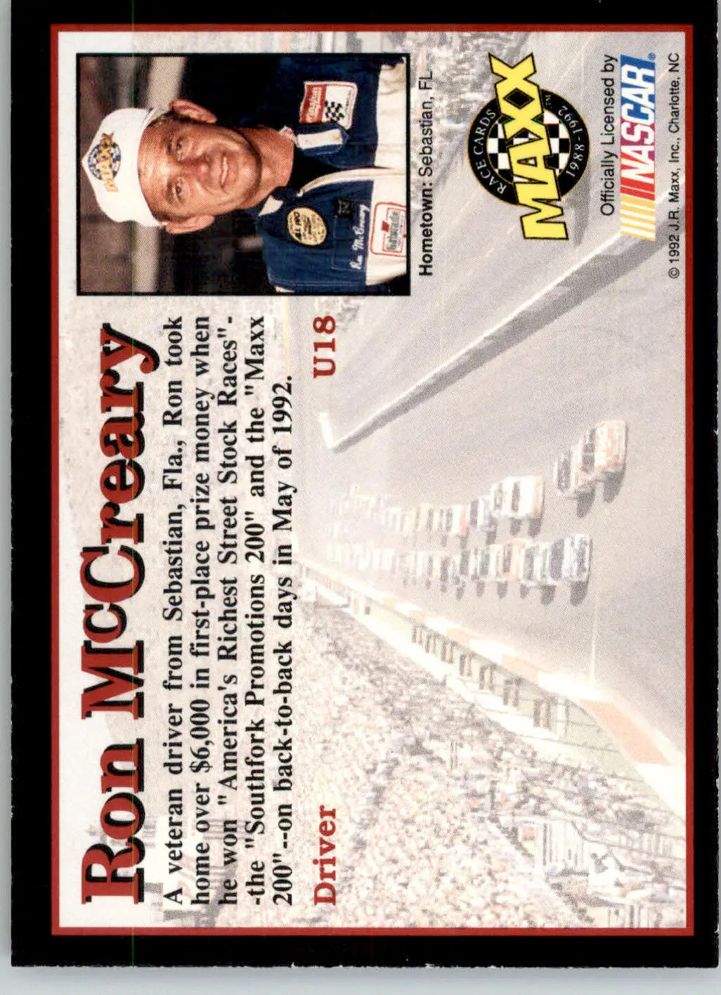Ron McCreary - 1992 Maxx Update (Black) - #U18 - RC Racing - Racing Card Single