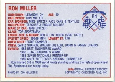 Ron Miller - 1989 Checkered Flag IHRA - #84 - Racing - Racing Card Single