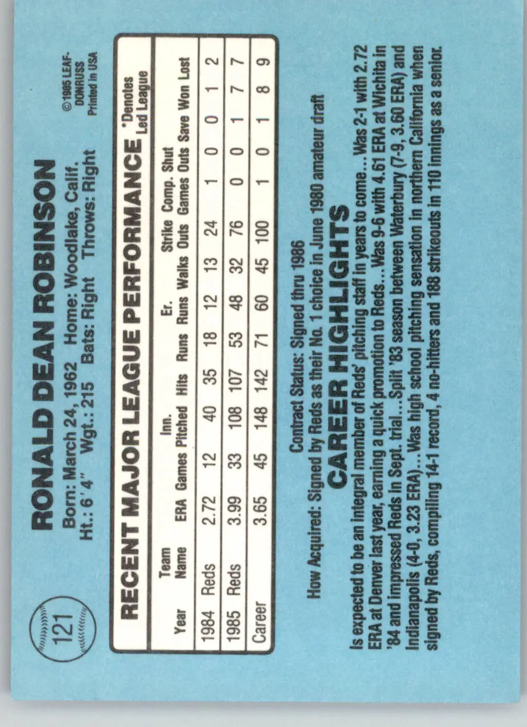 Ron Robinson - 1986 Donruss - #121 - Baseball - Baseball Card Single