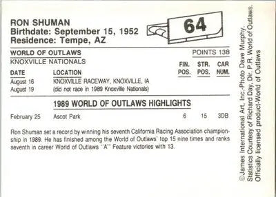 Ron Shuman - 1989 World of Outlaws - #64 - Racing - Racing Card Single