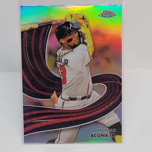Collectible Ronald Acuña Jr. Topps Chrome baseball card in protective sleeve featuring Atlanta Braves