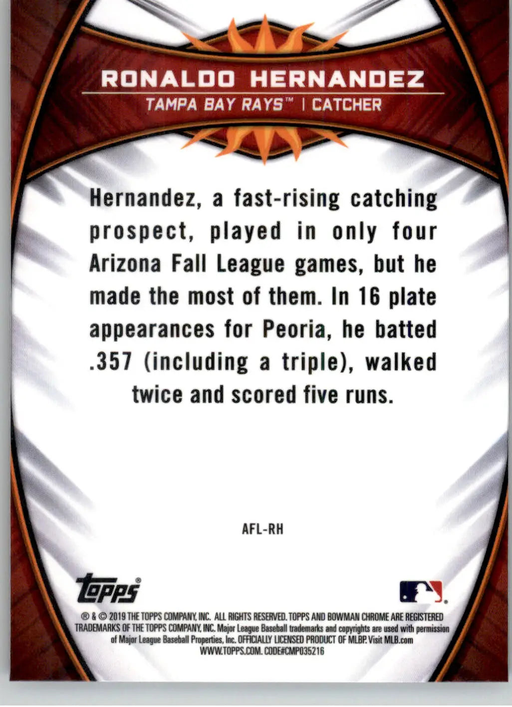 Ronaldo Hernandez - 2019 Bowman Chrome #AFL-RH Arizona Fall League Fall-Stars - Baseball Card Single