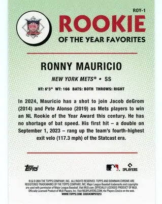 Ronny Mauricio 2024 Bowman Rookie of the Year Favorites #ROY-1 New York Mets - Baseball Card Single