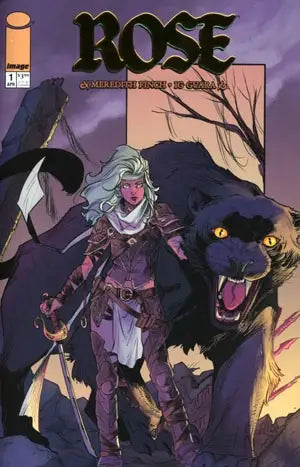 Comic book cover of Rose #1 with warrior in purple and glowing-eyed panther, trading cards