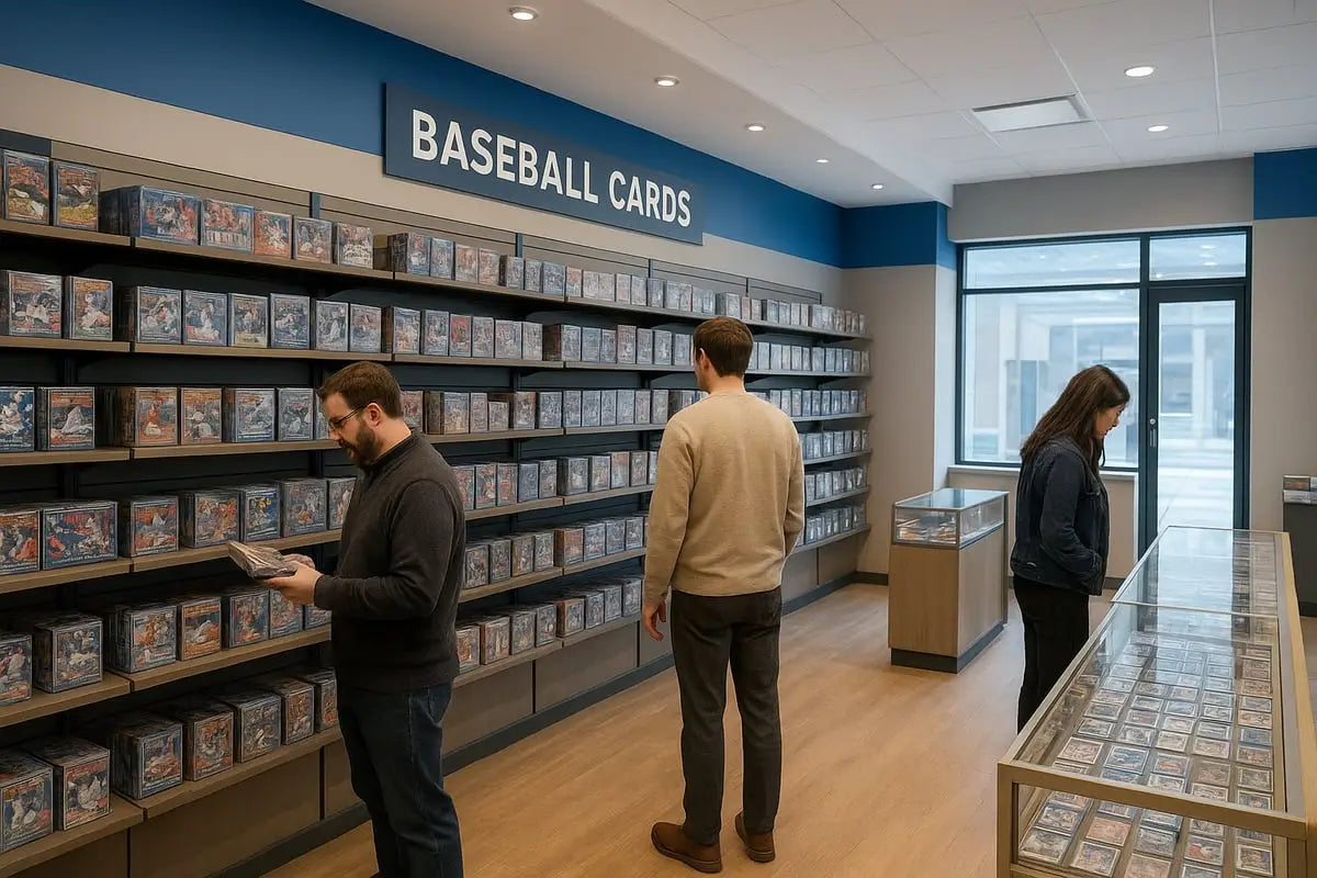 Neat rows of Topps Series baseball card boxes under sign in 2026 guide