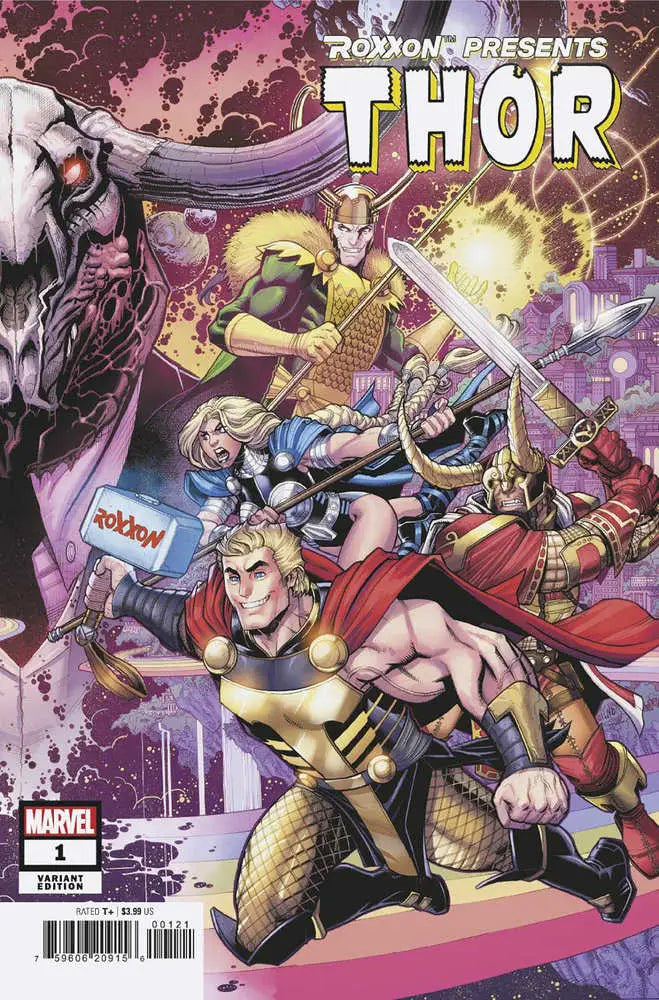 Comic book cover of Roxxon Presents: Thor #1 with cosmic battles and lightning effects
