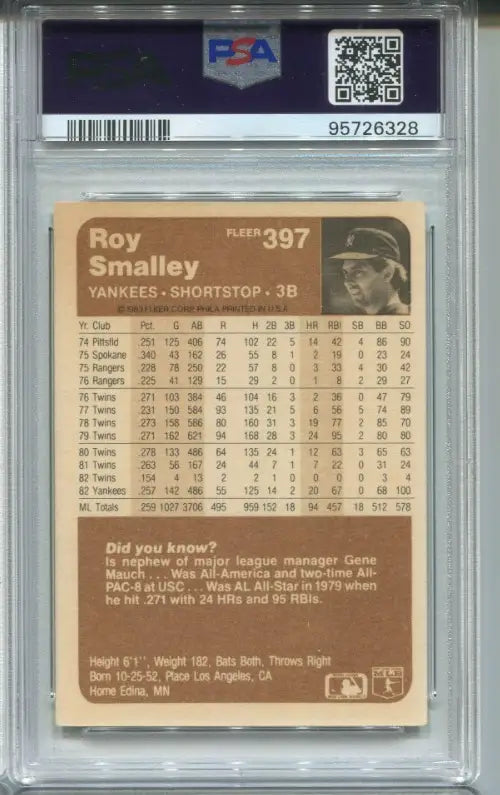 ROY SMALLEY SIGNED 1983 Fleer #397 CARD PSA/DNA AUTOGRAPHED Yankees TWINS - Baseball Card Single