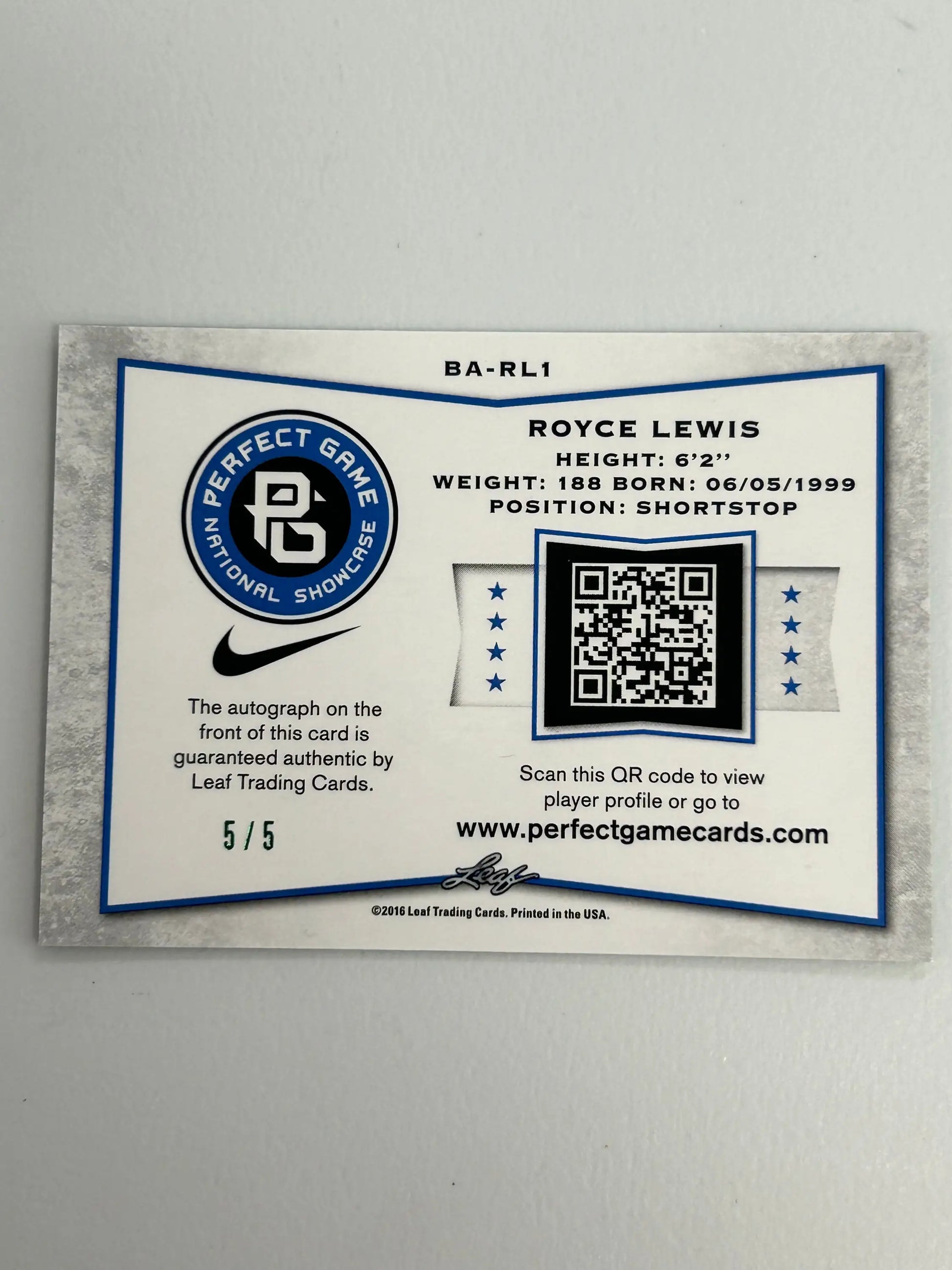 Royce Lewis 2016 Leaf Perfect Game Signature Green #5/5 - Baseball Card Single