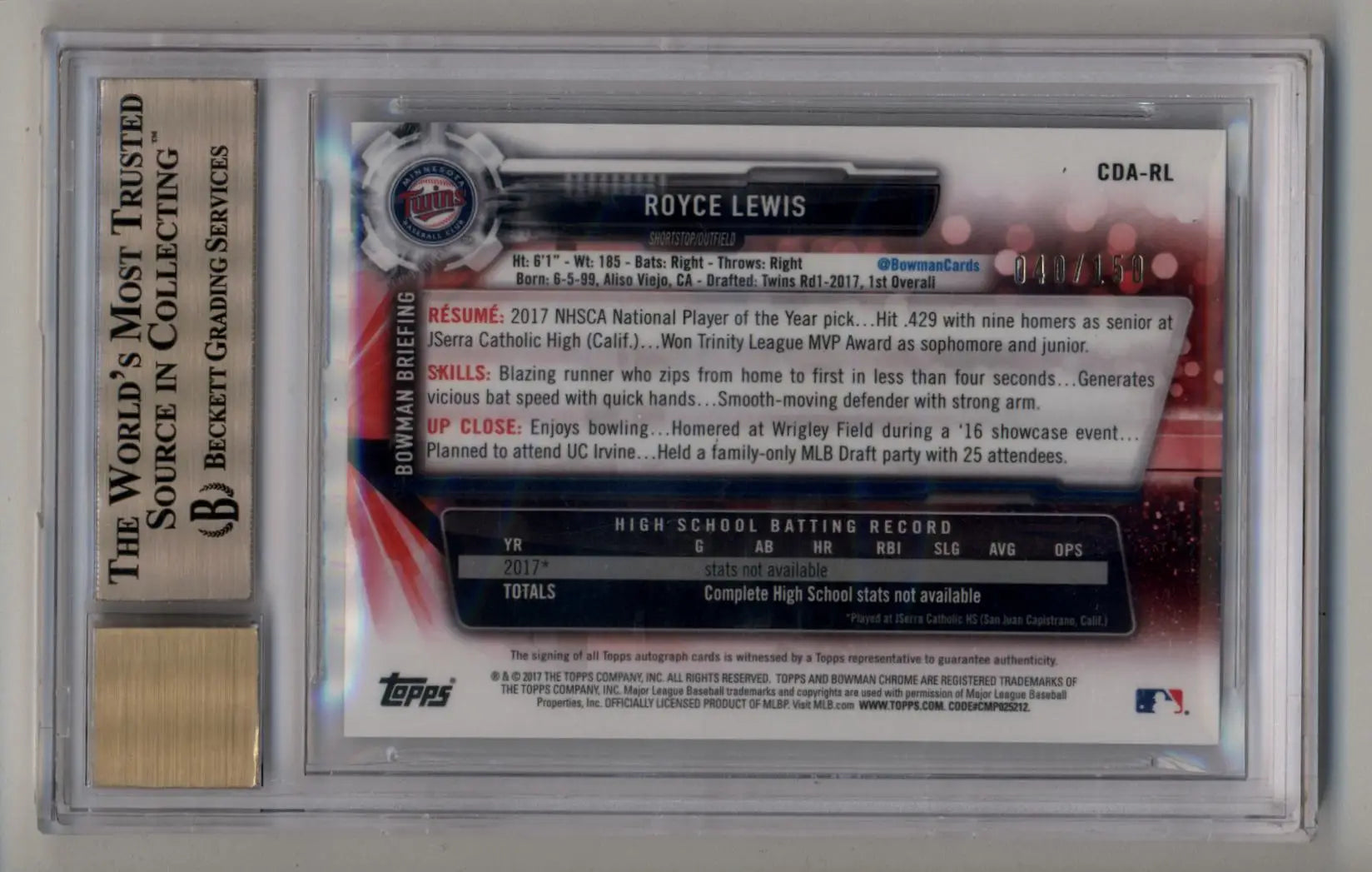 Graded Royce Lewis 2017 Bowman Chrome Draft Blue Wave Refractor Auto card