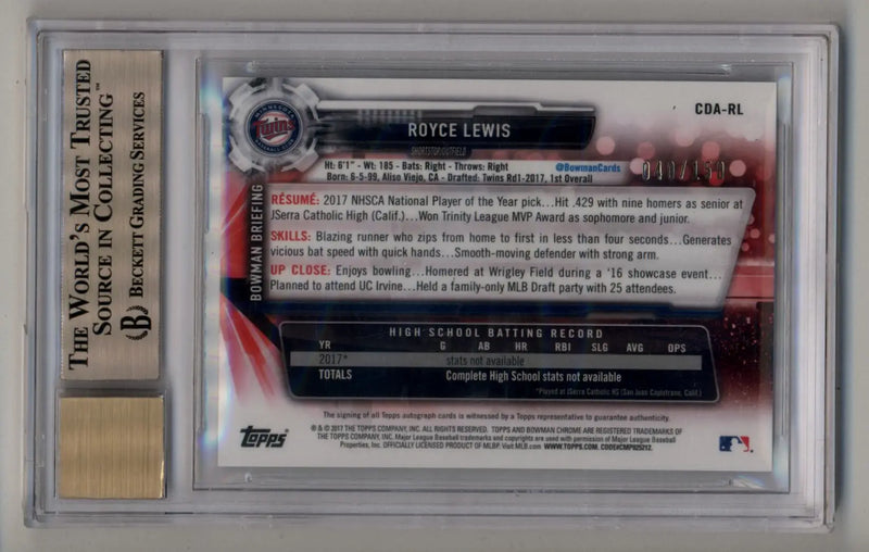 Graded Royce Lewis 2017 Bowman Chrome Draft Blue Wave Refractor Auto card