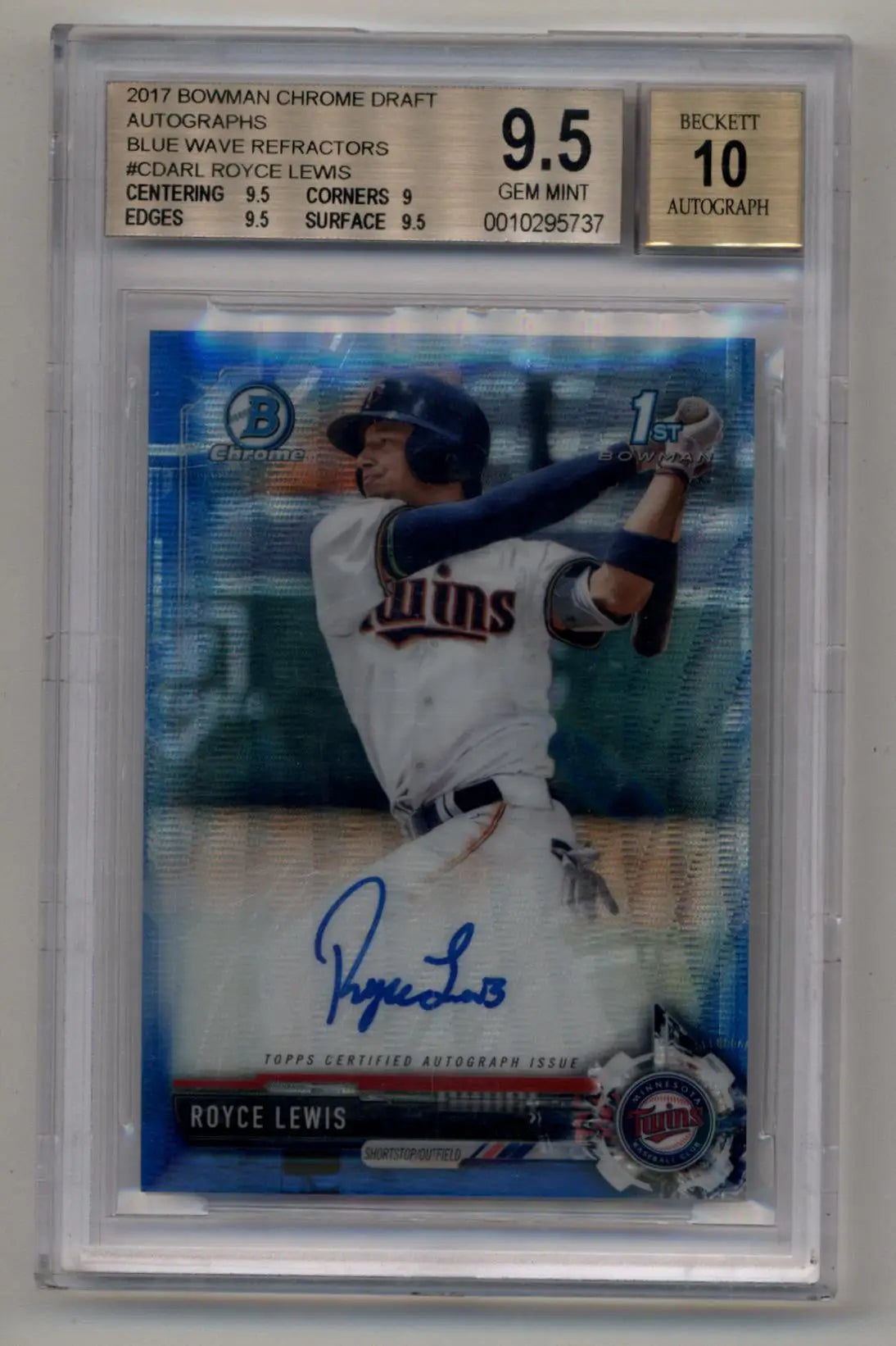 Beckett-graded Royce Lewis 2017 Bowman Chrome Draft Blue Wave Refractor card with auto