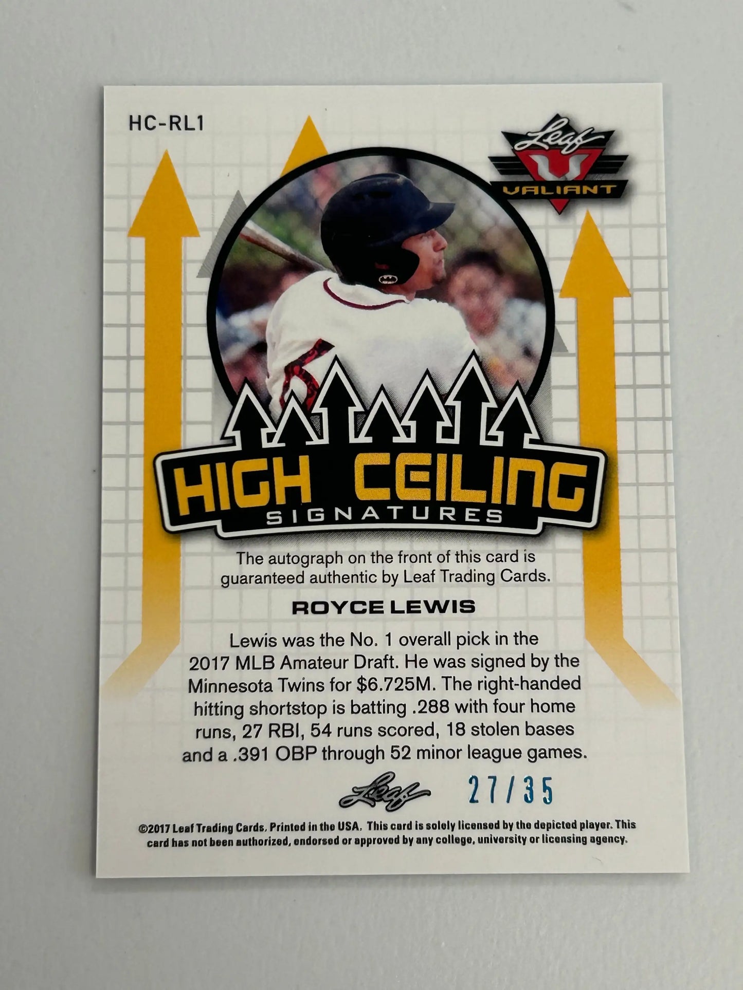 Royce Lewis 2017 Leaf Valiant High Ceiling Auto #27/25 - Baseball Card Single