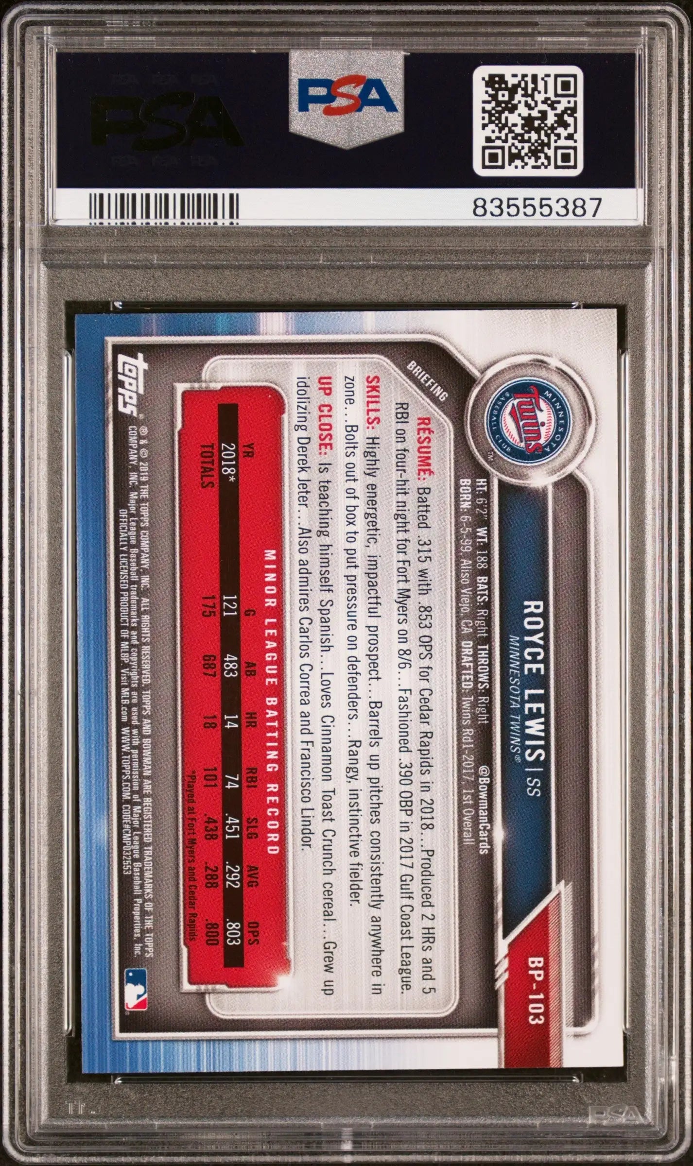 Royce Lewis 2019 Topps Transcendent VIP Bowman 1/1 PSA 8 NM-MINT - Baseball Card Single