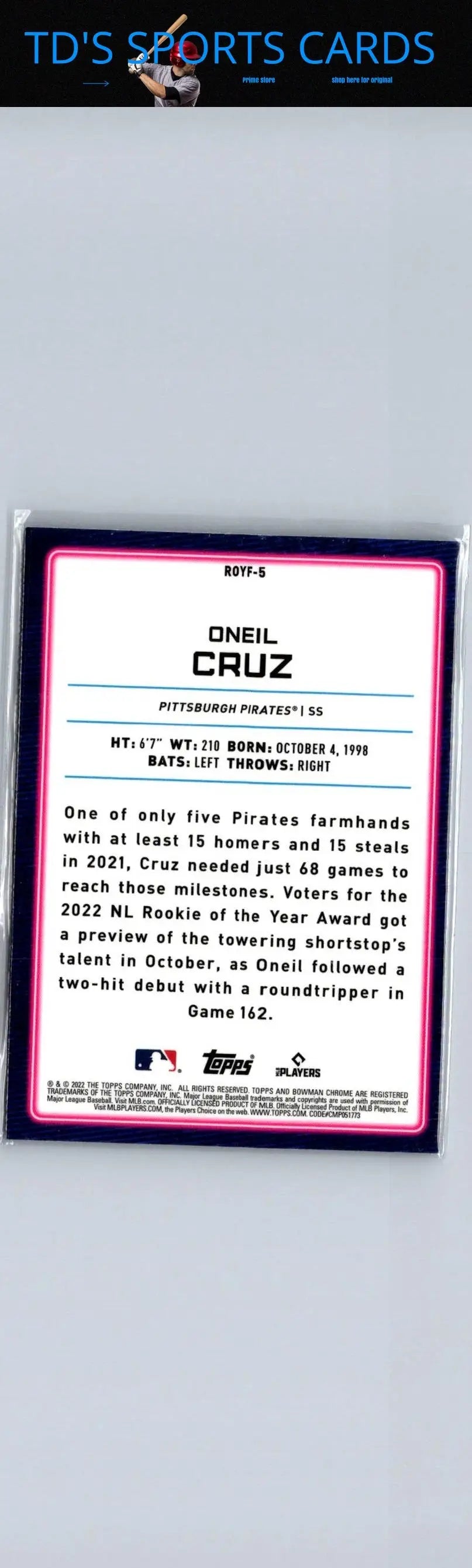O’Neil Cruz baseball card displayed in the #ROYF-5 Oneil Cruz product packaging