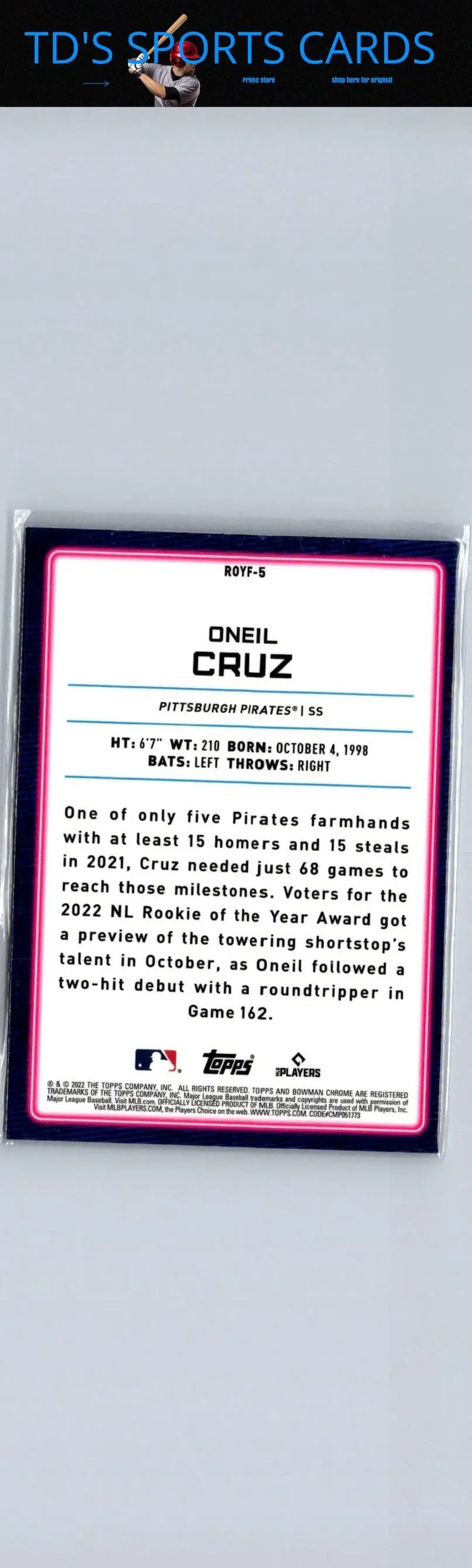 O’Neil Cruz baseball card displayed in the #ROYF-5 Oneil Cruz product packaging