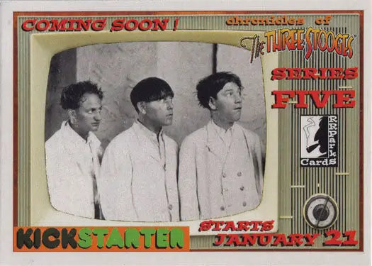 Vintage promo card featuring three men in light clothing from RR Parks Trading Cards