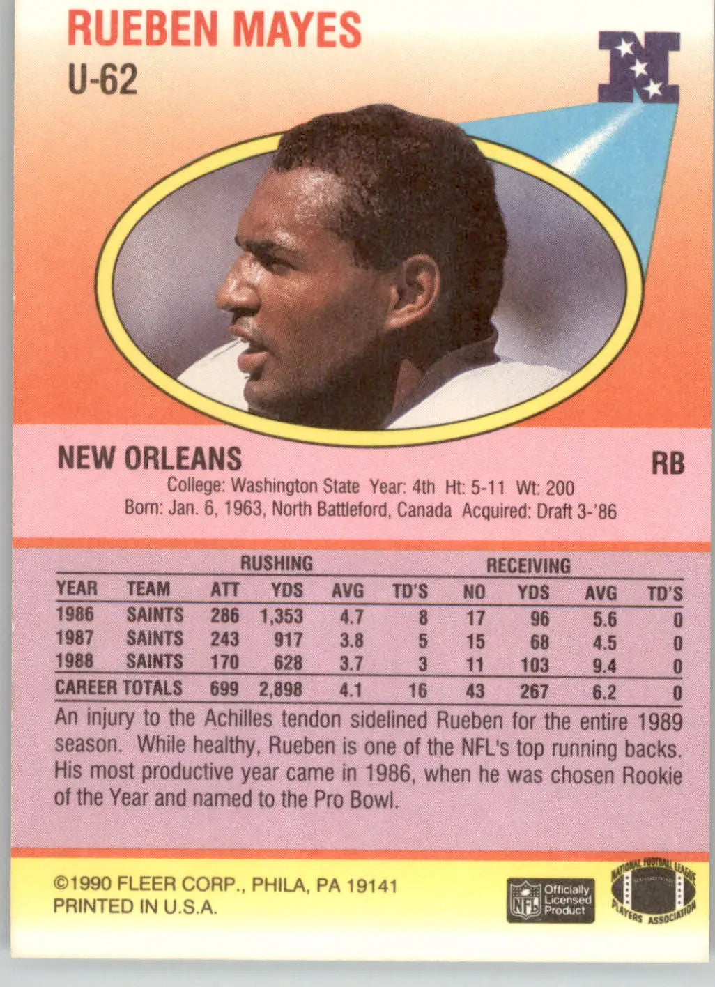 Rueben Mayes - 1990 Fleer Update - #U-62 - Football