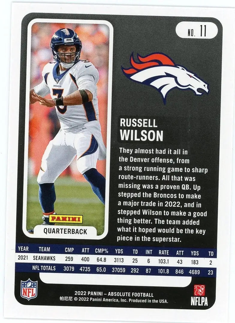 Russell Wilson 2022 Panini Absolute Green #11 Denver Broncos Football Card NFL - Football Card Single