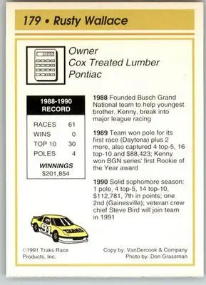 Rusty Wallace - 1991 Traks - #179 - Racing - Racing Card Single