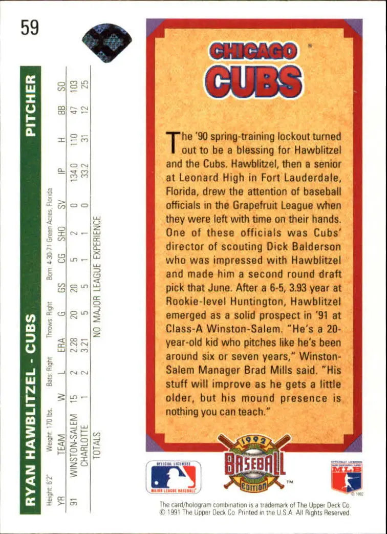 Ryan Hawblitzel 1992 Upper Deck MLB #59 Rookie Baseball Card Chicago Cubs - Baseball Card Single