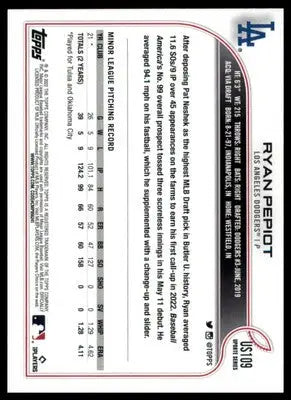Ryan Pepiot Rookie 2022 Topps Update #US109 Los Angeles Dodgers - Baseball Card Single