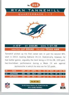 Ryan Tannehill - 2013 Score - #315 - Football - Football Card Single