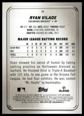 Ryan Vilade Rookie 2022 Bowman Platinum Ice Foilboard #25 Colorado Rockies - Baseball Card Single