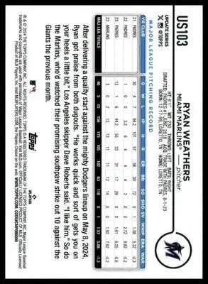 Ryan Weathers 2024 Topps Update #US103 Miami Marlins - Baseball Card Single