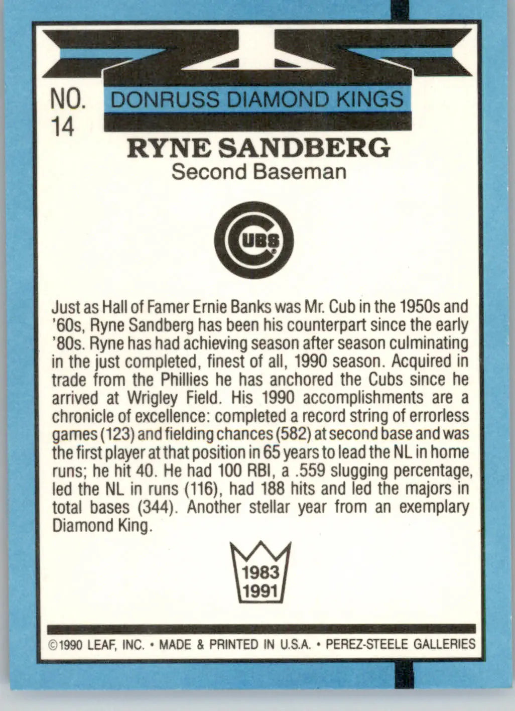Ryne Sandberg - 1991 Donruss - #14 - Baseball - Baseball Card Single