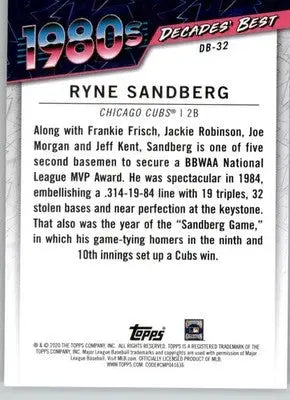 Ryne Sandberg - 2020 Topps Update - #DB-32 - Decades’ Best Baseball - Baseball Card Single