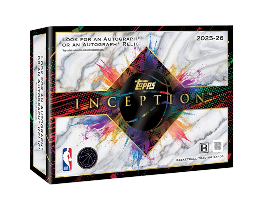 2025/26 Topps Inception Basketball Hobby Box featuring one autograph or autograph relic and premium rookie cards.
Back of the 2025/26 Topps Inception Basketball Hobby Box showing product details and box configuration.
2025/26 Topps Inception Basketball hobby pack featuring premium NBA trading cards.
2025/26 Topps Inception Basketball promotional sell sheet highlighting Rookie Autographs, Silver Signings, NBA First Milestone Relics, and premium autograph relics.