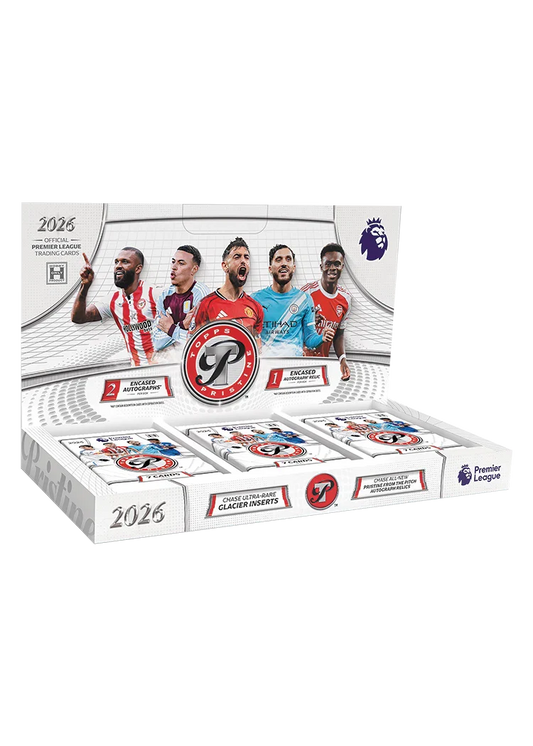 2025/26 Topps Pristine Premier League Soccer Hobby Box featuring 2 encased autographs, 1 encased autograph relic, and premium Premier League trading cards.
Back of the 2025/26 Topps Pristine Premier League Soccer Hobby Box showing product details and box configuration.
2025/26 Topps Pristine Premier League Soccer trading card pack artwork.
2025/26 Topps Pristine Premier League Soccer promotional sell sheet highlighting Pristine Autographs, Day 1 Pristine relics, Rookie Jumbo Autographs, and Malachite Refrac