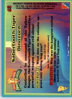 Sabertooth Tiger Dinozord - 1994 Collect-A-Card Mighty Morphin Power Rangers #63 - Non-Sports Card Single