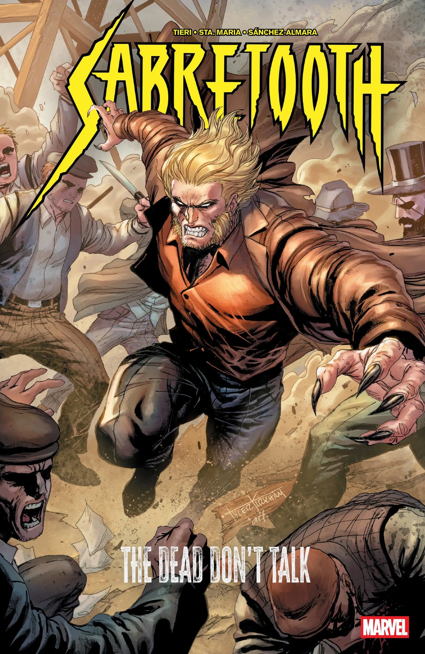 Comic book cover featuring Sabretooth in a fight from Sabretooth The Dead Don’t Talk series